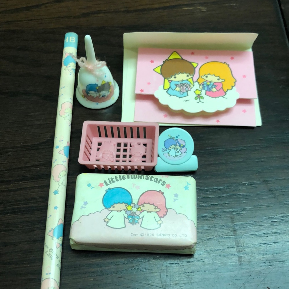 Sanrio Twin Stars 1976 bell, soap, card, pencil & mini basket & 1977 paperclip